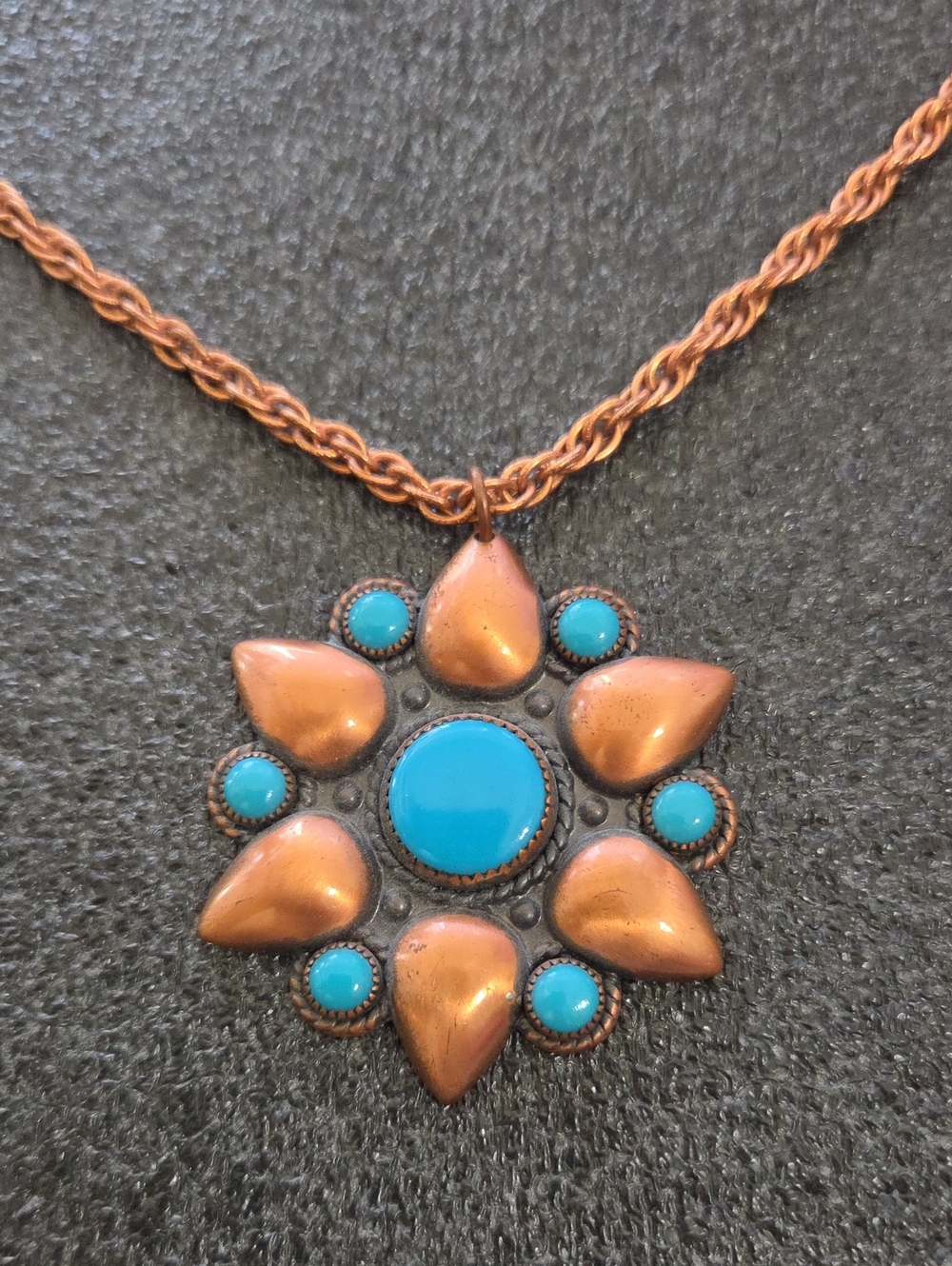 Copper And Turquise Long Metal Necklace